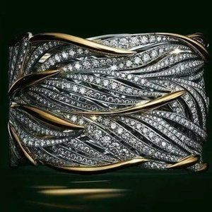 NEW Trendy Wide Ring Silver Plated Inlaid Full Of Shining Zircon Size 8